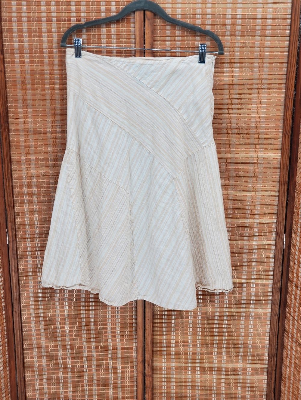 ♤ Saint Tropez West 100% Linen Fit n Flare Striped Midi Skirt Size 10 Tan Ivory